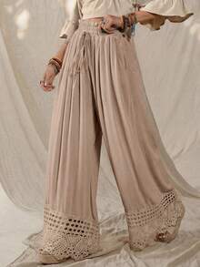 Wildy Boho Sexy Western Country Lace Patchwork Women's Spring/Summer Daily Basic Loose Wide Leg Long Pants With Pockets Beach Beige Light Blue - Khaki - View 3