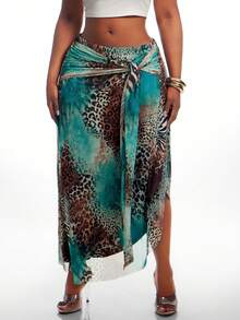 SHEIN SXY Blue-Green Animal Print High-Elastic Knit Mesh Skirt With Tie Detailing, High Waistline, Asymmetrical Design. Vacation Skirt, Beach Sexy Autumn - Multicolor - View 7