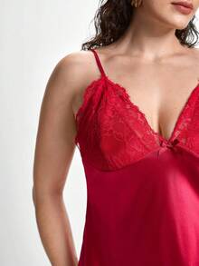 Slumbrini Plus Size Women Lace Deep V-Neck Backless Sexy Bodycon Cami Slip Dress Red - Burgundy - View 8