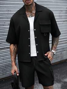 SLATEMANN Men's Solid Color Utility Pocket Short Sleeve Shirt And Shorts Casual Set - Black - View 3