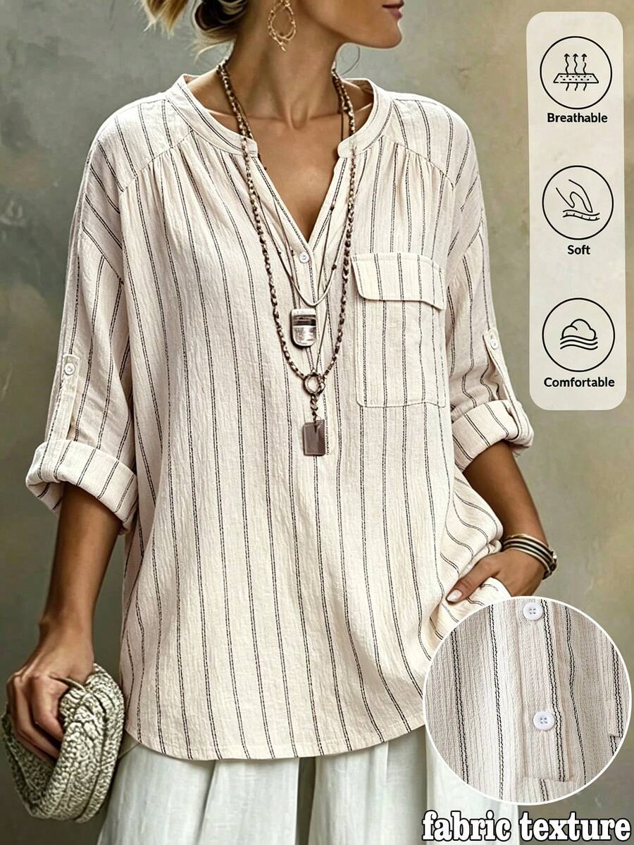 Linhara CURVE Plus Size Spring/Summer Contrast Striped Textured Cotton Linen Blend Comfortable Half-Button Front Pocket Dual-Use Sleeve Country Casual Elegant Home Regular Shirt Top - Apricot - View 1
