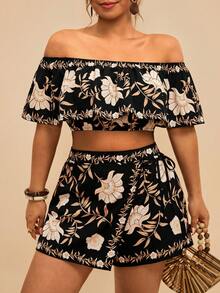 Travachic TRVLCHIC Plus Size Floral Print Off Shoulder Cropped Top And Wrap Shorts 2-Piece Set, Casual Boho Holiday Two Piece Women Brunch Outfit Summer Black - Multicolor - View 6