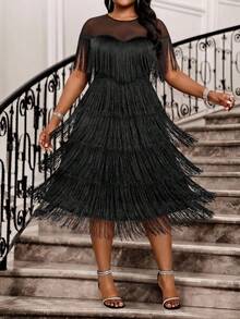 Fleurora Plus Size Mesh Patchwork Multi-Layer Tassel Dress - Black - View 5