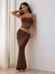 SHEIN PETITE Shades Of Brown 夏季時尚夜店風女款蕾絲透視兩件式套裝，露背上衣＋長裙，優雅節慶情人節穿搭，適合嬌小女性 - 棕色 - 查看 5