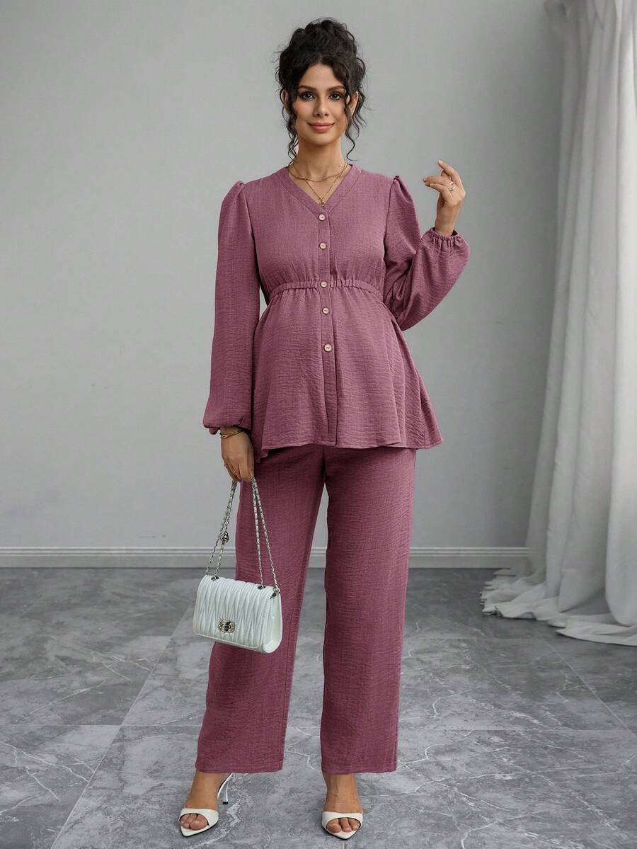 Momance 2pcs Maternity Set Long Sleeve Shirred Front Button Opening Waist Pleated Design Loose Long Pants - Dusty Pink - View 1