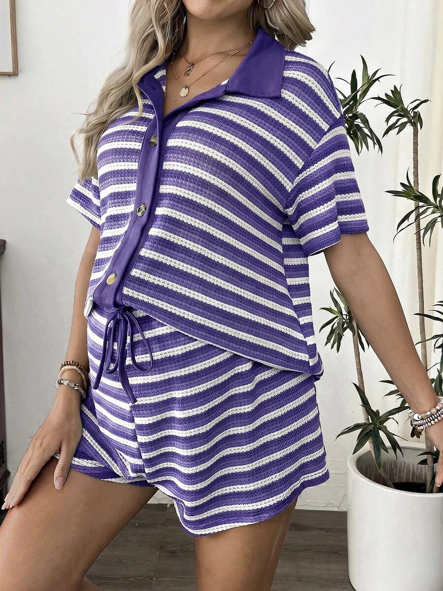 SHEIN 2pcs Maternity Short Sleeve Gradient White Shirt And Elastic Waist Tie Shorts Set Maternity Summer - Violet Purple - View 1