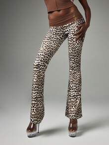 BABYPHAT Quần legging ống loe họa tiết da thú, cạp gấp, chi tiết logo màu vàng - màu nâu - Xem 5