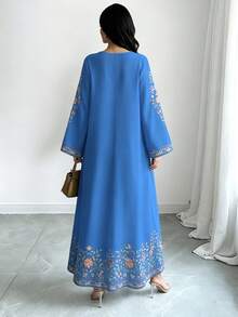 SHEIN Najma 花卉植物印花深紅色女款時尚V領長袖洋裝，優雅阿拉伯風春夏季長版大碼洋裝 - 彩色 - 查看 2