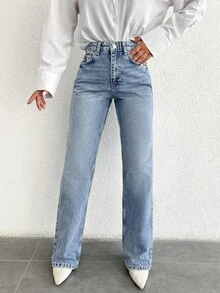 RueChic Quần Jeans Denim Ống Thẳng Khóa Kéo 100% Cotton - Màu xanh lam - Xem 2