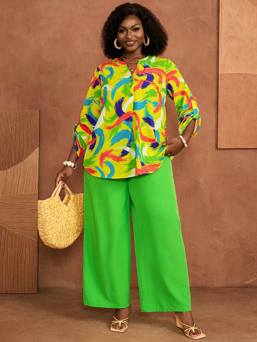 BrightlyHer Plus Size Vacation Oil Painting Print Button-Down Shirt And Solid Color Long Pants 2 Pieces Set Fall