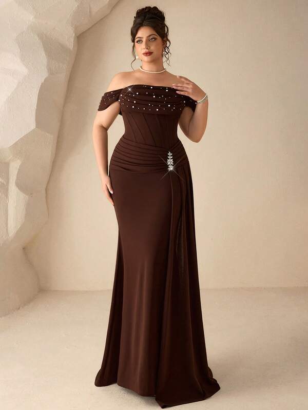 Coutiva Plus Size Women's Off-Shoulder Faux Pearl Sequin Mermaid Evening Gown, Vintage Coffee Color Winter Elegant Formal Evening Dress, Coffee Color Fitted Backless Satin Evening Gown