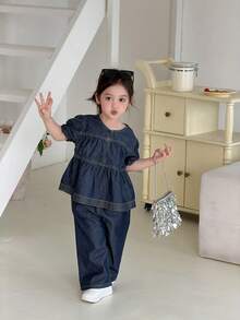 DAZY Set Denim Kasual Gaya Korea Leher Bulat untuk Bayi/Balita (Perempuan) - Medium Wash - View 8