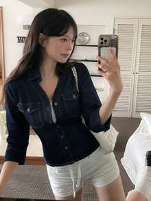 DAZY Women's Turn-Down Collar Washed Elegant Korean Style Casual Denim Top Fall - Blue - View 7