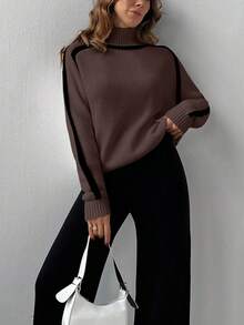 EURMUSE WOMEN ECRU HIGH NECK KNIT SWEATER & WIDE LEG PANTS SET WITH BLACK PIPING DETAILS - Brown - View 3