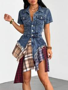 StreetHx Damen Kurzarm einreihig Patchwork kariert asymmetrischer Saum lässiges Denim Kleid - Blau - Übersicht 1