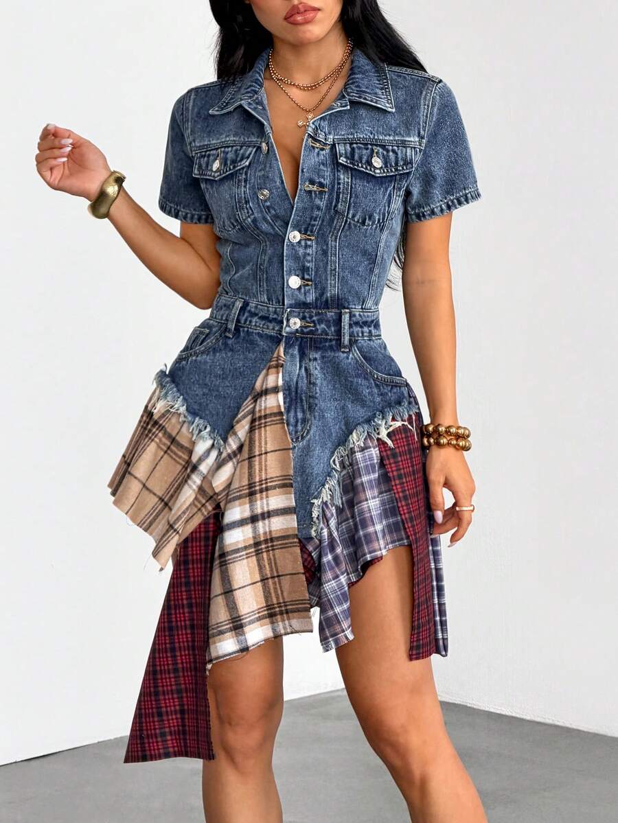 StreetHx Damen Kurzarm einreihig Patchwork kariert asymmetrischer Saum lässiges Denim Kleid - Blau - Übersicht 1