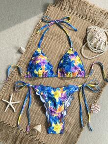 Swim Mod Conjunto de 2 piezas Bikini sexy con top triángulo halter con volantes y braguita de bikini con lazo lateral, estampado aleatorio, para vacaciones de playa en primavera/verano - Multicolor - Ver 1