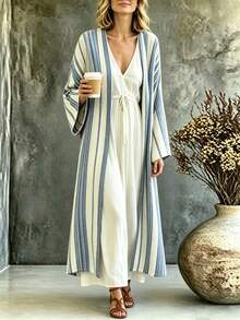 SHEIN Holidaya Women's Blue White Allover White Long Cardigan, Linen Printed Loose Long Sleeve Rolled Hem Casual Formal Autumn - Blue - View 3