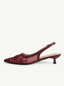 CUCCOO CHICEST 女款多色網布刺繡珠飾尖頭低跟後扣帶涼鞋，溫柔仙女風，春夏款，適合婚禮 - 酒紅1 - 查看 6
