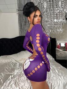 ChaseTheNight 1pc Women's Sexy Fuchsia Bodycon Semi-Sheer Fishnet Dress, Suitable For Party, Nightclub, Beach - Purple - View 2