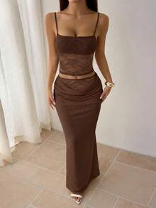 SHEIN PETITE Shades Of Brown 夏季時尚夜店風女款蕾絲透視兩件式套裝，露背上衣＋長裙，優雅節慶情人節穿搭，適合嬌小女性 - 棕色 - 查看 4