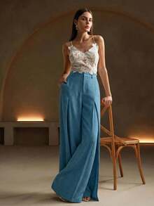 Anewsta Essential Summer Women's Designed Pleated Wide Leg Draped Blue Casual Elegant Suit Pants, Summer Work Outfits For Women, Office Outfits For Women - Dusty Blue - View 1