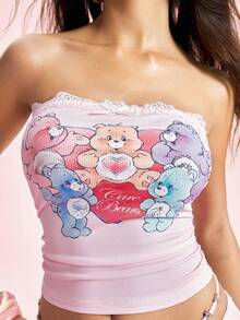SHEIN X Care Bears 女款夏季休閒熊圖案抹胸上衣 - 粉色 - 查看 4