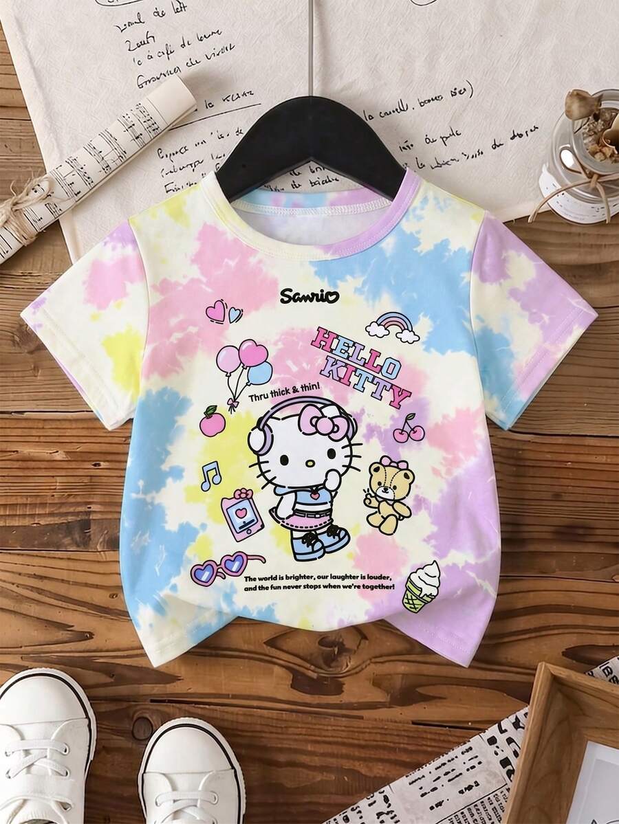 HELLO KITTY AND FRIENDS | SHEIN GraphicGems 少女彩色紮染卡通印花軟綿甜美風圓領短袖休閒T恤 - 彩色 - 查看 1