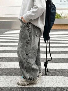 SHEIN 男童 (小號) 灰色寬鬆寬腿牛仔褲，適合日常穿著 - 淺灰色 - 查看 5