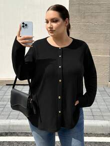 SHEIN CURVE+ 大尺碼休閒優雅傳統素色羅紋鈕扣T恤，2026冬季 22W - 黑色 - 查看 5