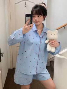 Dazy Plus 2件組愛心圖案滿版印花對比滾邊長袖上衣與短褲套裝，藍色睡衣套裝，適合春、夏、秋季 - 藍色 - 查看 7