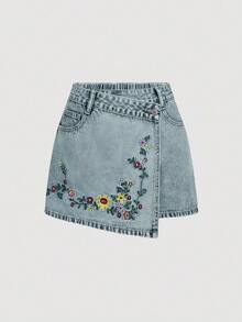 SHEIN Essnce 大尺碼女款休閒日常牛仔裙，附口袋、鈕扣與花卉刺繡圖案 - 藍色 - 查看 1