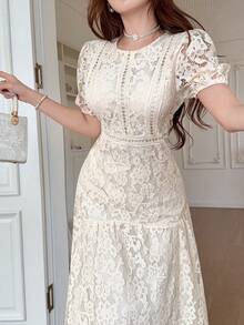 Feyla Summer Elegant Lace Dress For Women, Cinched Cinched Waist, Gentle Style, Short Dress Party Beige - Apricot - View 4