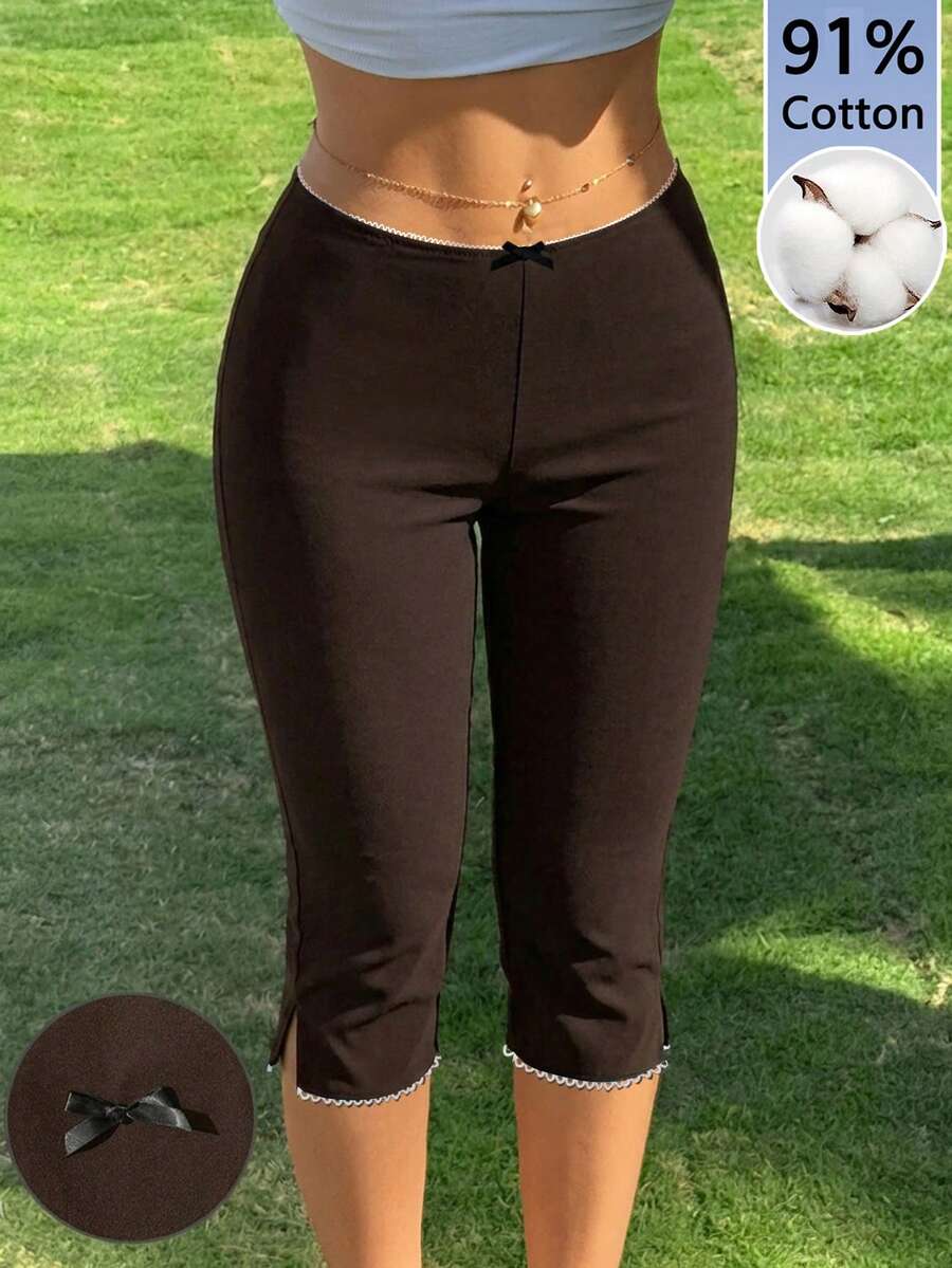 CovetEZ 91%棉棕色针织弹力打底裤,女士款,带蝴蝶结设计 - 棕色 - 查看 1