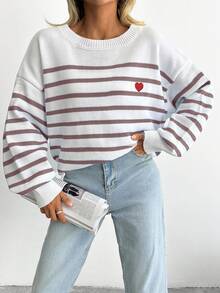 EURMUSE Striped & Heart Pattern Drop Shoulder Sweater - Brown - View 3