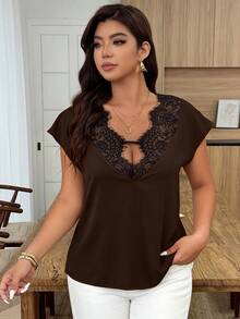 Weeklong Plus Size Women's Spring/Summer Lace Trim Patchwork Contrast Color Casual Vacation Blouse - Brown - View 3