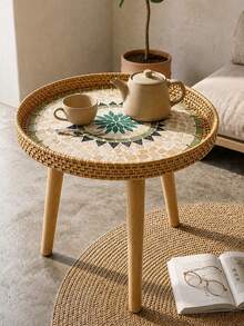1 Piece Handmade Rattan Woven Shell Small Tea Table Square Sofa Small Side Table Small Round Table Wild Dining Table - Multicolor - View 4