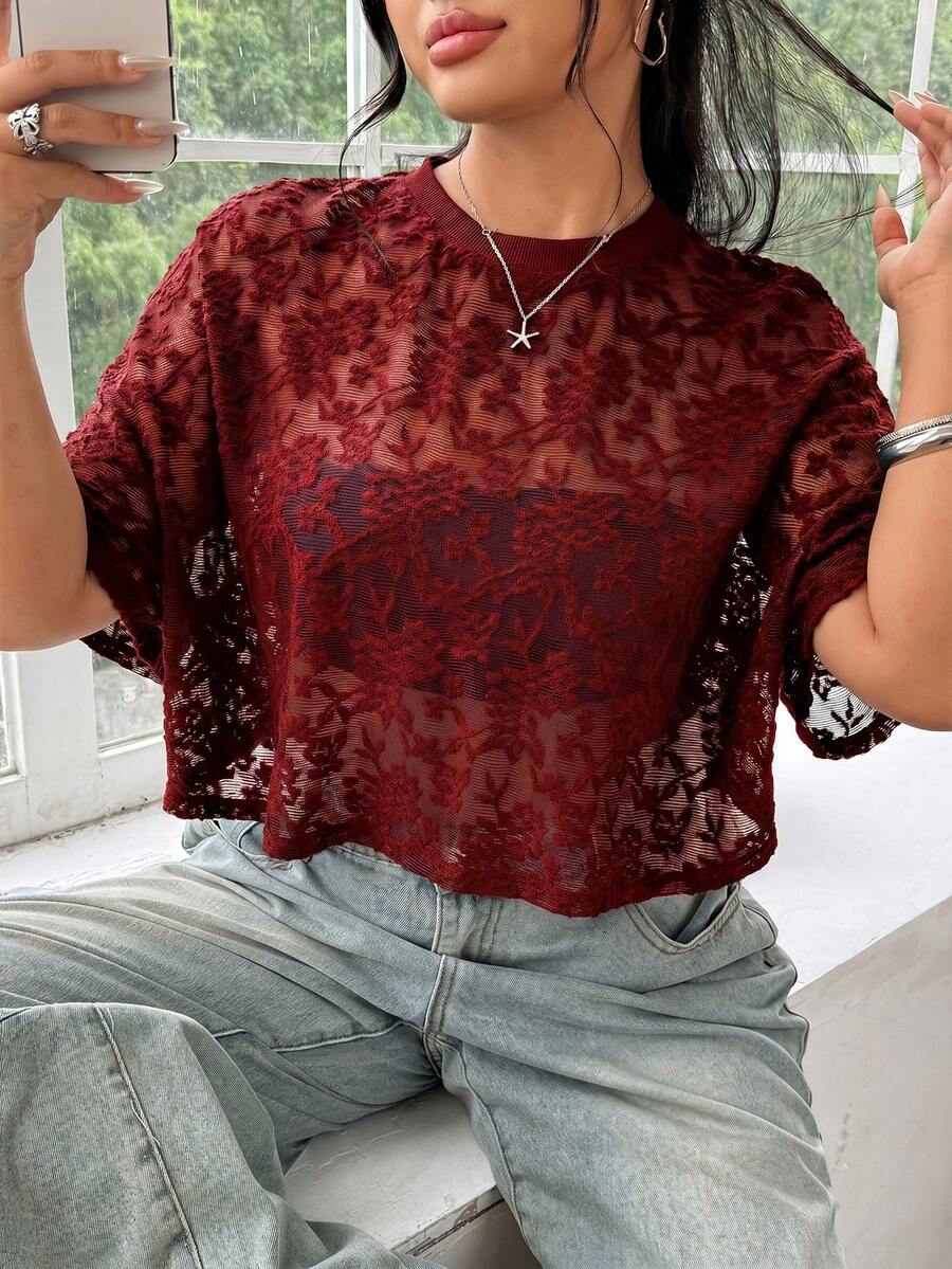 SHEIN EZwear 大尺碼女款花卉網紗圓領短袖寬鬆上衣 - 紅色 - 查看 1