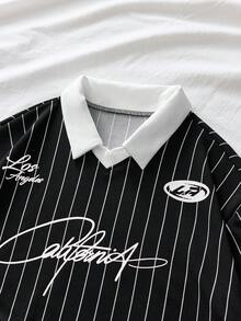 Manfinity RebelGame 男士大尺碼字母條紋短袖休閒 Polo 衫 - 黑色 - 查看 3