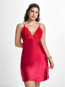 Slumbrini Plus Size Women Lace Deep V-Neck Backless Sexy Bodycon Cami Slip Dress Red - Burgundy - View 4