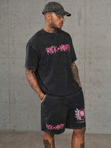 Rick and Morty X SHEIN Conjunto de camiseta de cuello redondo de manga corta con estampado de letras estilo hip hop y pantalones cortos con bolsillo para hombres - Negro - Ver 4