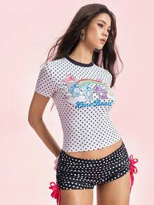 SHEIN X Care Bears Camiseta de manga corta con estampado de lunares y dibujos animados para mujer, - Blanco y Negro - Ver 5