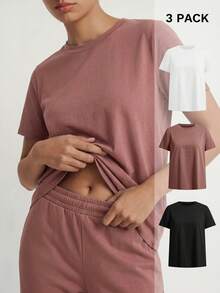 Ocili Studio 3pcs Women's Basic Casual Comfortable Minimalist Knit Black, White, Brown T-Shirts, Home Wear Tops, Spring/Summer - Multicolor - View 1