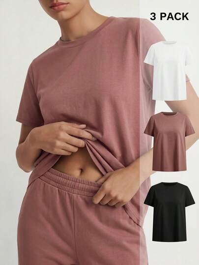 Ocili Studio 3 piezas Camisetas básicas, casuales y cómodas de punto en negro, blanco y marrón para mujer, tops para usar en casa, primavera/verano