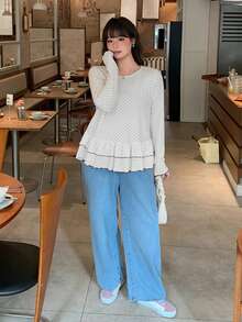 Dazy Plus Plus Size Women's Round Neck Polka Dot Sheer Top, Summer & Autumn New Arrival Long Sleeve Cute Tops Vacation - White - View 7