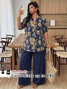 SHEIN CURVE+ Curve Plus 女款大尺碼黑色V領短袖上衣與滿版印花長褲休閒度假套裝 春/秋 2件套 - 彩色 - 查看 6