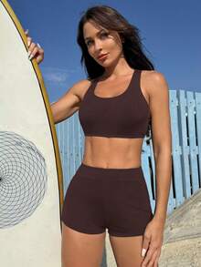Swim SPRTY 女款夏季海灘純色休閒時尚比基尼兩件式泳衣套裝 - 棕色 - 查看 3
