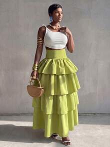 BamGlimmer Plus Size Women's High Waist Green Multi-Layer Ruffle Skirt, Suitable For Casual, Party, Daily Commute - Green - View 4