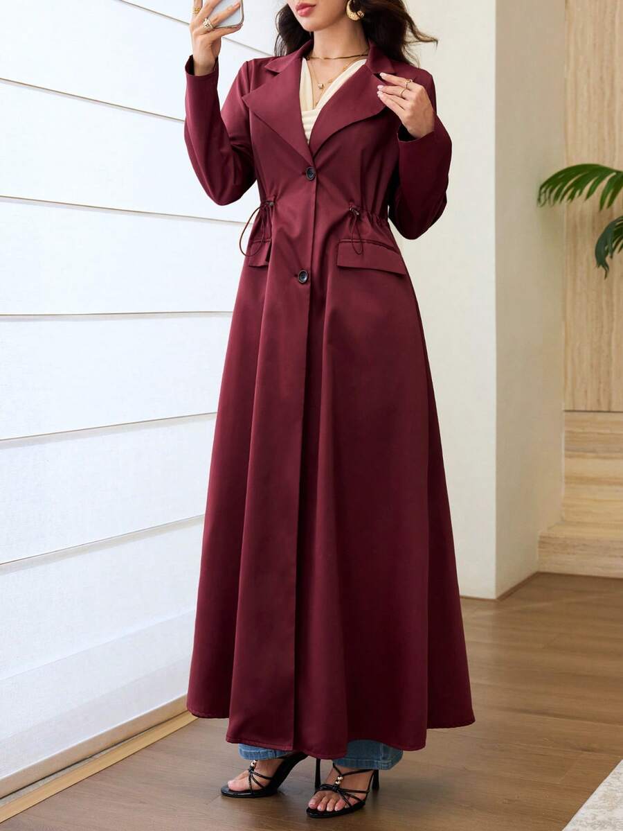 Yasmyna Elegant Minimalist Long Trench Coat, Spring/Autumn Over-The-Knee Tie Waist With Large Pockets, Versatile Commuter Outerwear - Burgundy - View 1