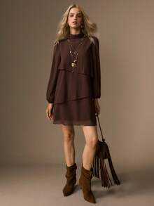 COSMINA Women Brown Boho Ruffle Tiered Mini Dress, Long Sleeve Lantern Sleeve Bohemian Dress, Flowy Dress - Brown - View 5